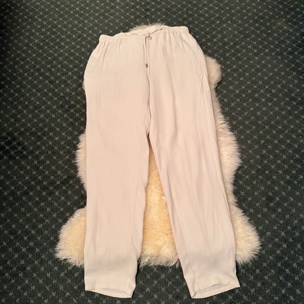 Eileen Fisher Bone White Silk Straight Leg Drawstring Trouser Pants